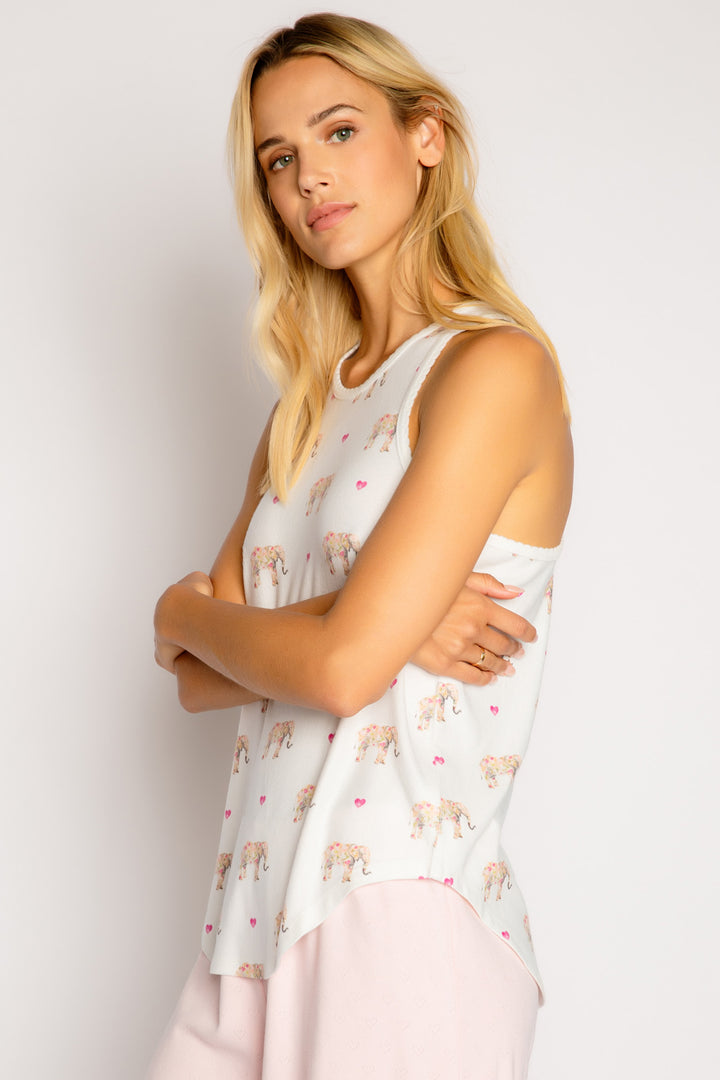 Ivory elephant-print sleep tank top. Neckline has picot trim. Relaxed fit. (7325667360868)