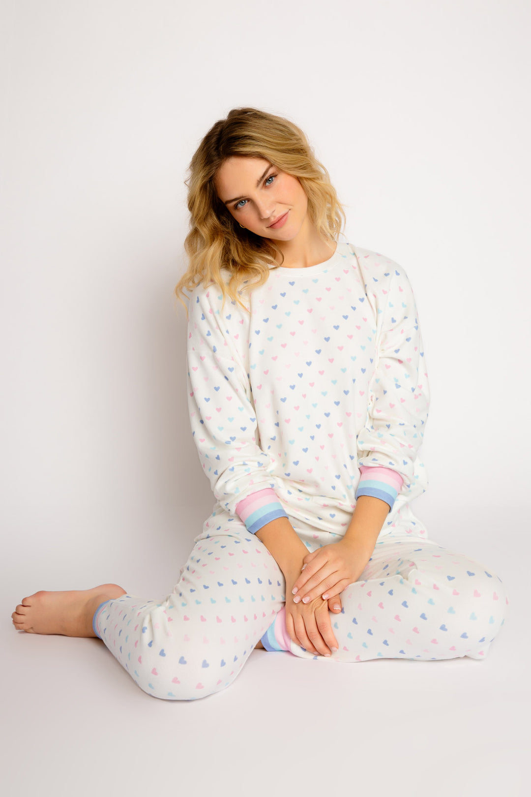 Ivory sleep set long sleeve top & jogger pant with mini pastel heart print & striped rib cuffs. (7325667655780)