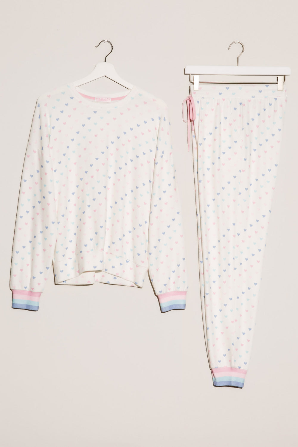 Ivory sleep set long sleeve top & jogger pant with mini pastel heart print & striped rib cuffs. (7325667655780)