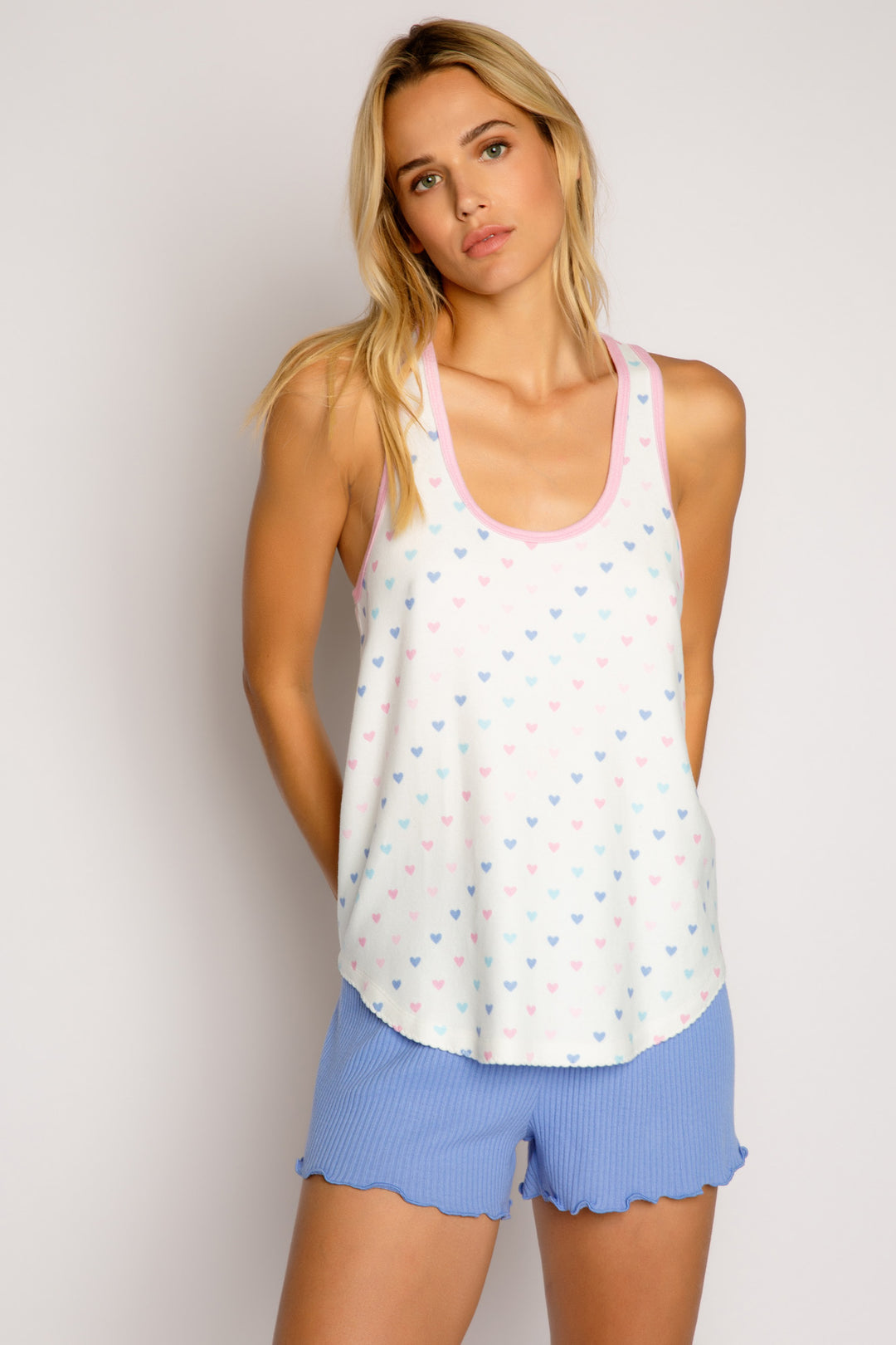 Ivory boxer tank top in peachy jersey with mini pastel heart print. Pink binding neck. (7325667721316)