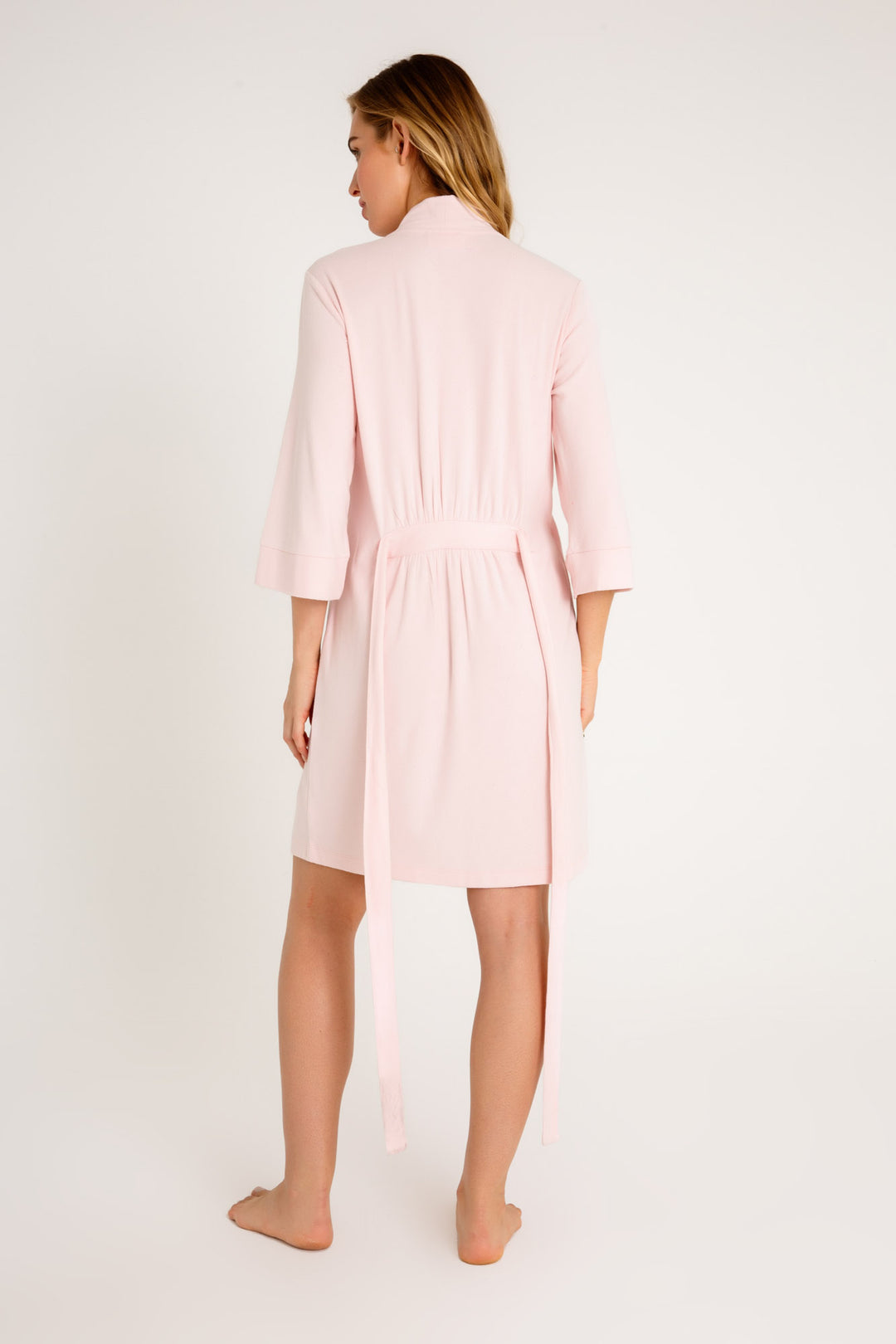 Light pink robe in brushed pointelle knit with self belt & 3/4 sleeve. (7325668081764)