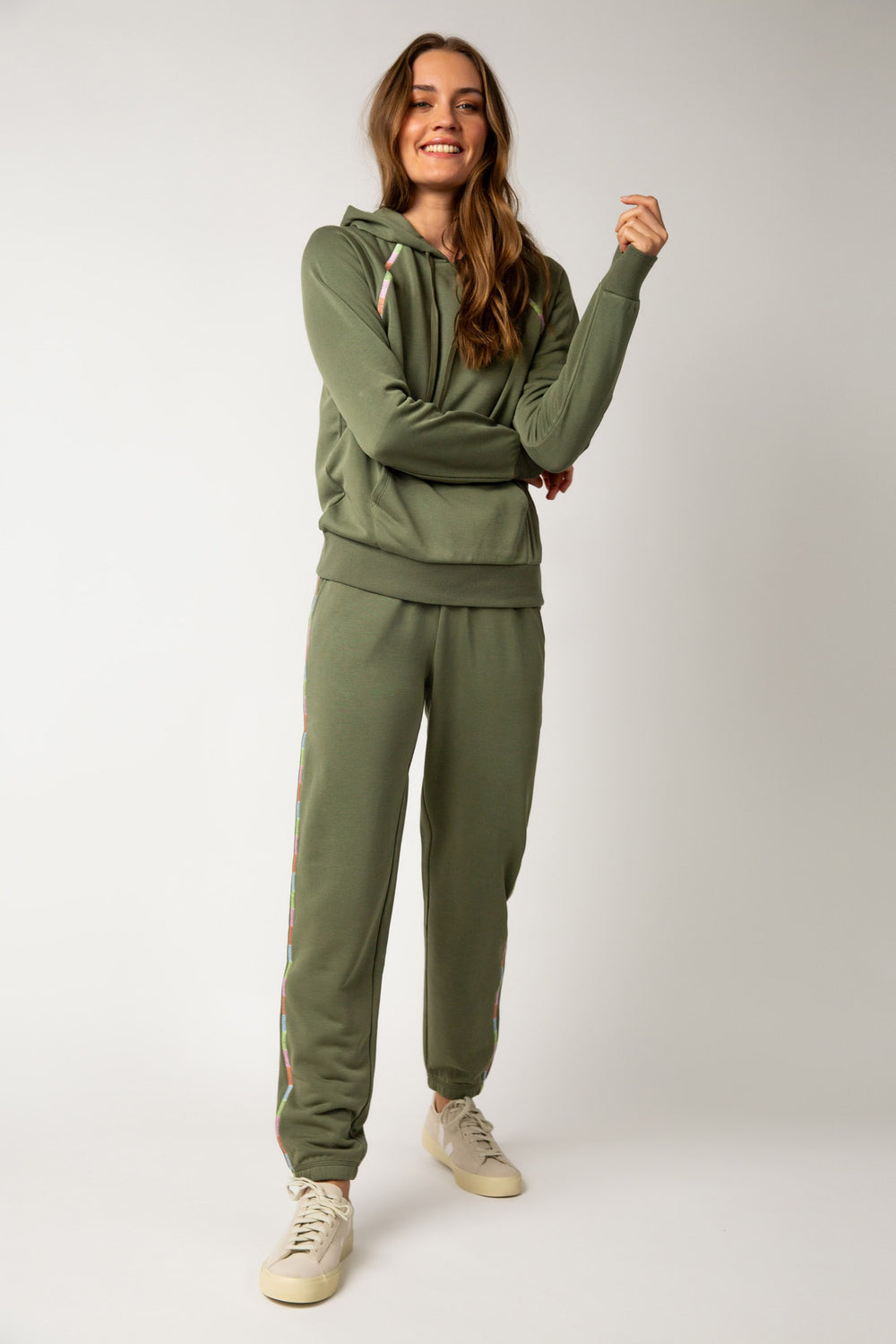 Smooth terry lounge set in pine green with multi-stitching at seams. Pullover hoody & jogger pant. (7325668278372)