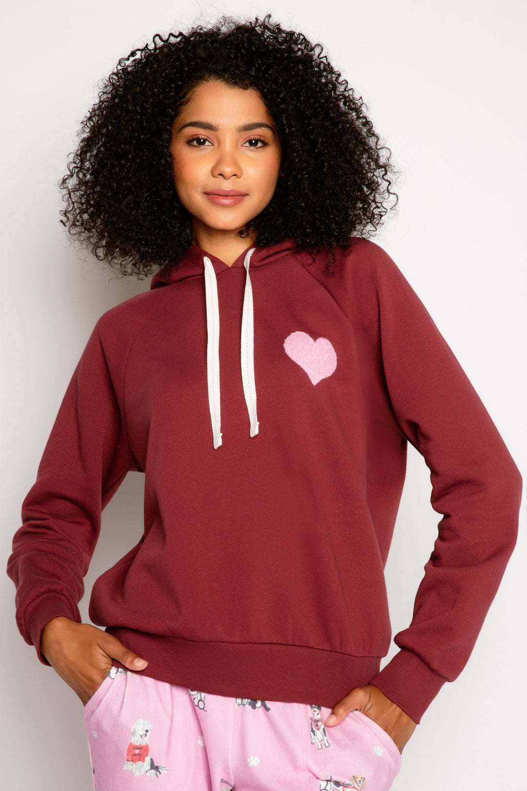 Burgundy fleece pullover hoodie wiht ties. Relaxed fit wiht pink applique on chest. (7325668343908)