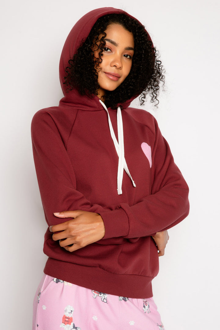 Burgundy fleece pullover hoodie wiht ties. Relaxed fit wiht pink applique on chest. (7325668343908)