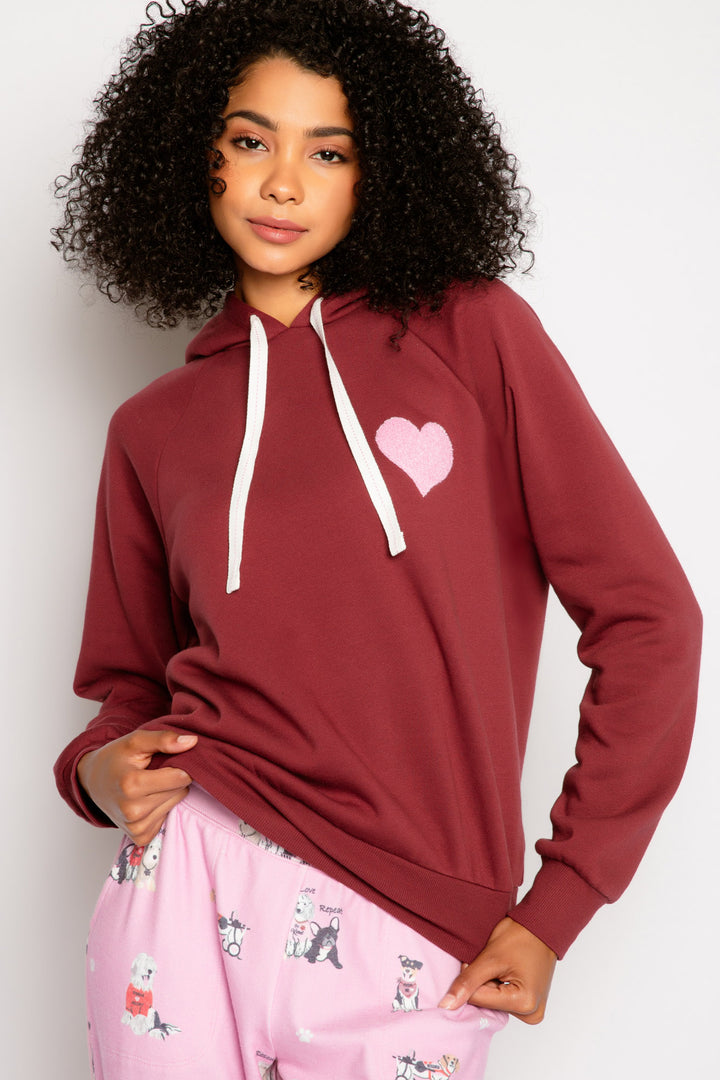 Burgundy fleece pullover hoodie wiht ties. Relaxed fit wiht pink applique on chest. (7325668343908)