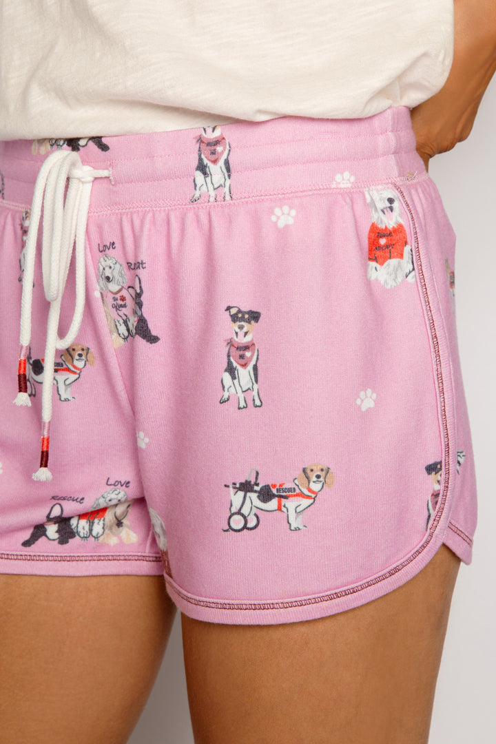 Pink pajama short in peachy knit with rescue-dog theme print. Tie-waist & comfy fit. (7325668606052)