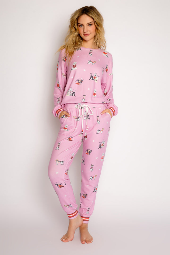 Pink pajama set in peachy knit with rescue-dog theme print. Long sleeve top & jammie pant. (7325668638820)