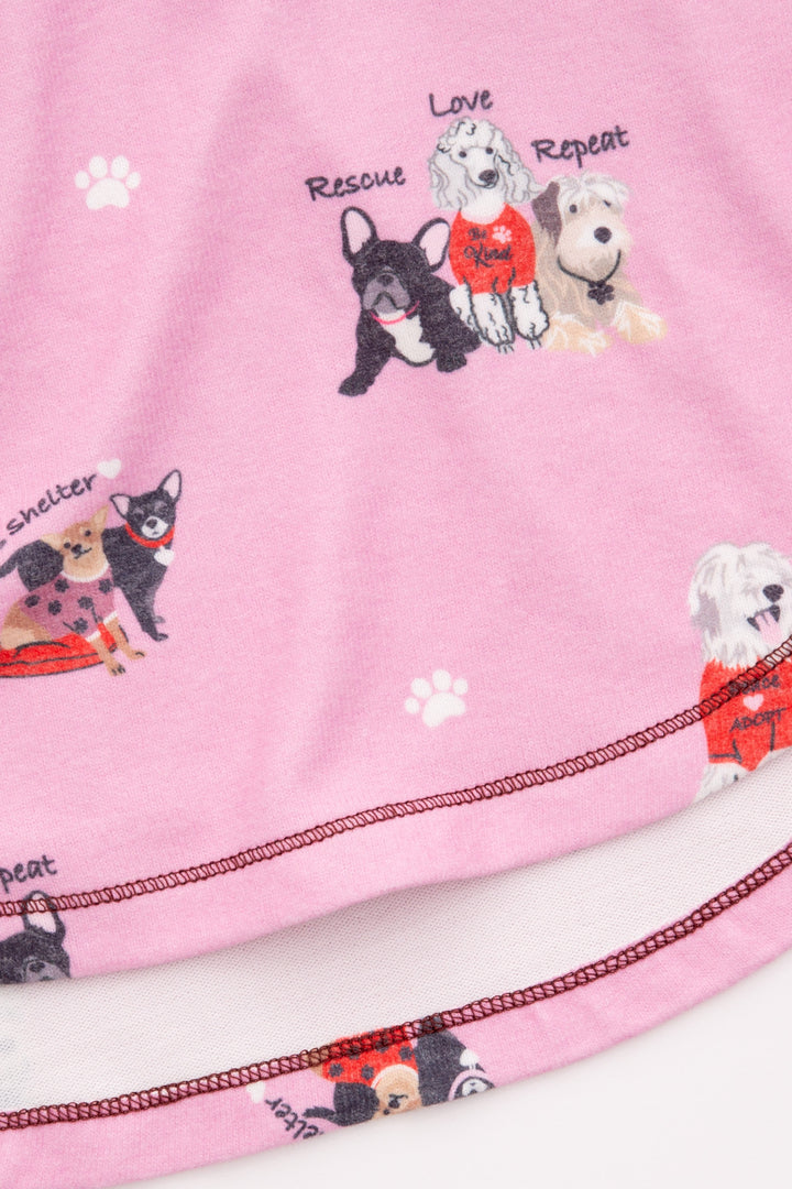 Sleep tank top in peachy knit in pink rescue-dog theme print. Racer-back with relaxed fit. (7325668802660)