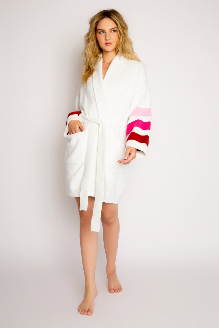 Soft marshmallow-knit robe with front pockets & tie waist. Red & burgundy striped sleeves. (7325668868196)