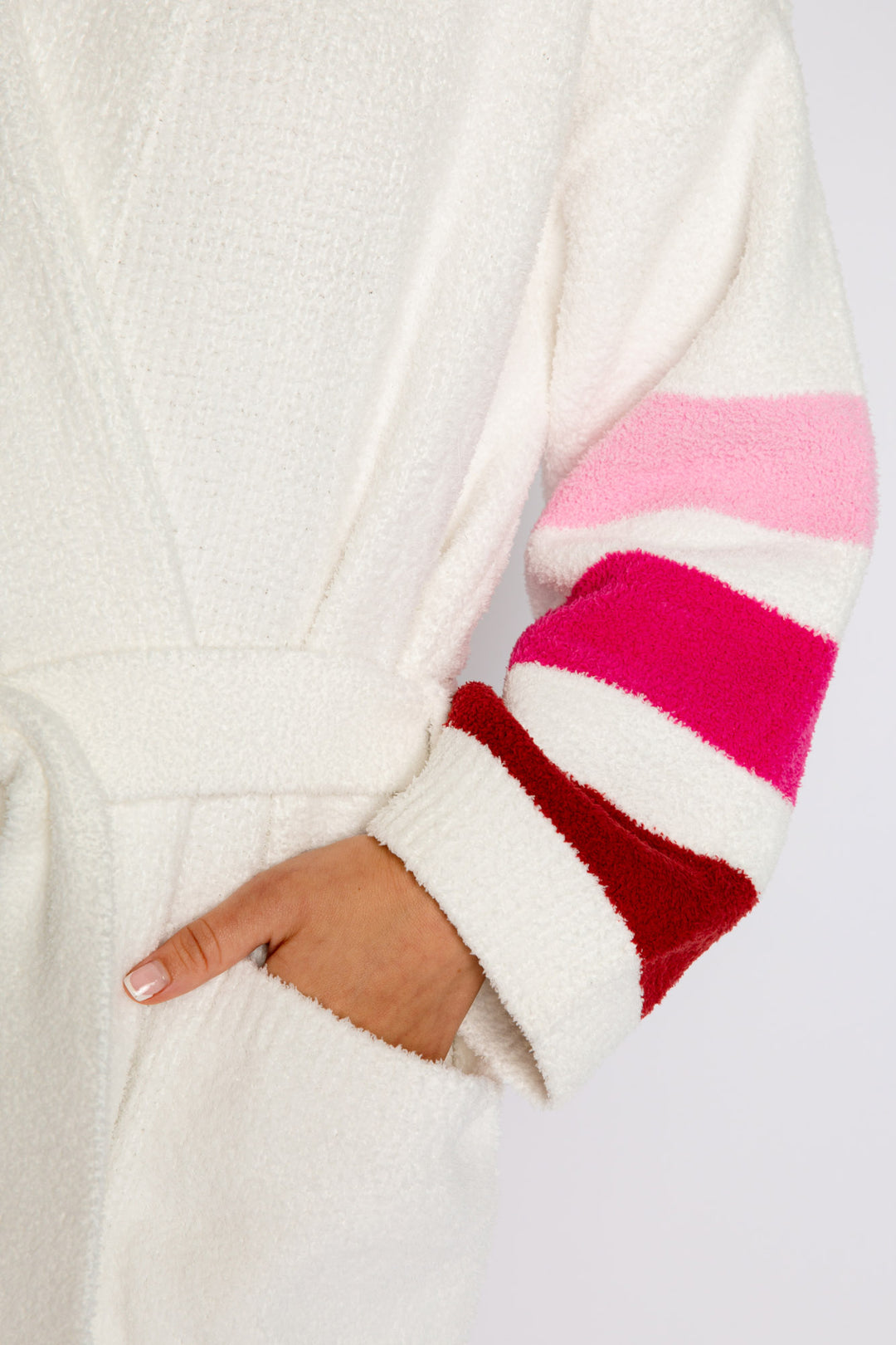 Soft marshmallow-knit robe with front pockets & tie waist. Red & burgundy striped sleeves. (7325668868196)