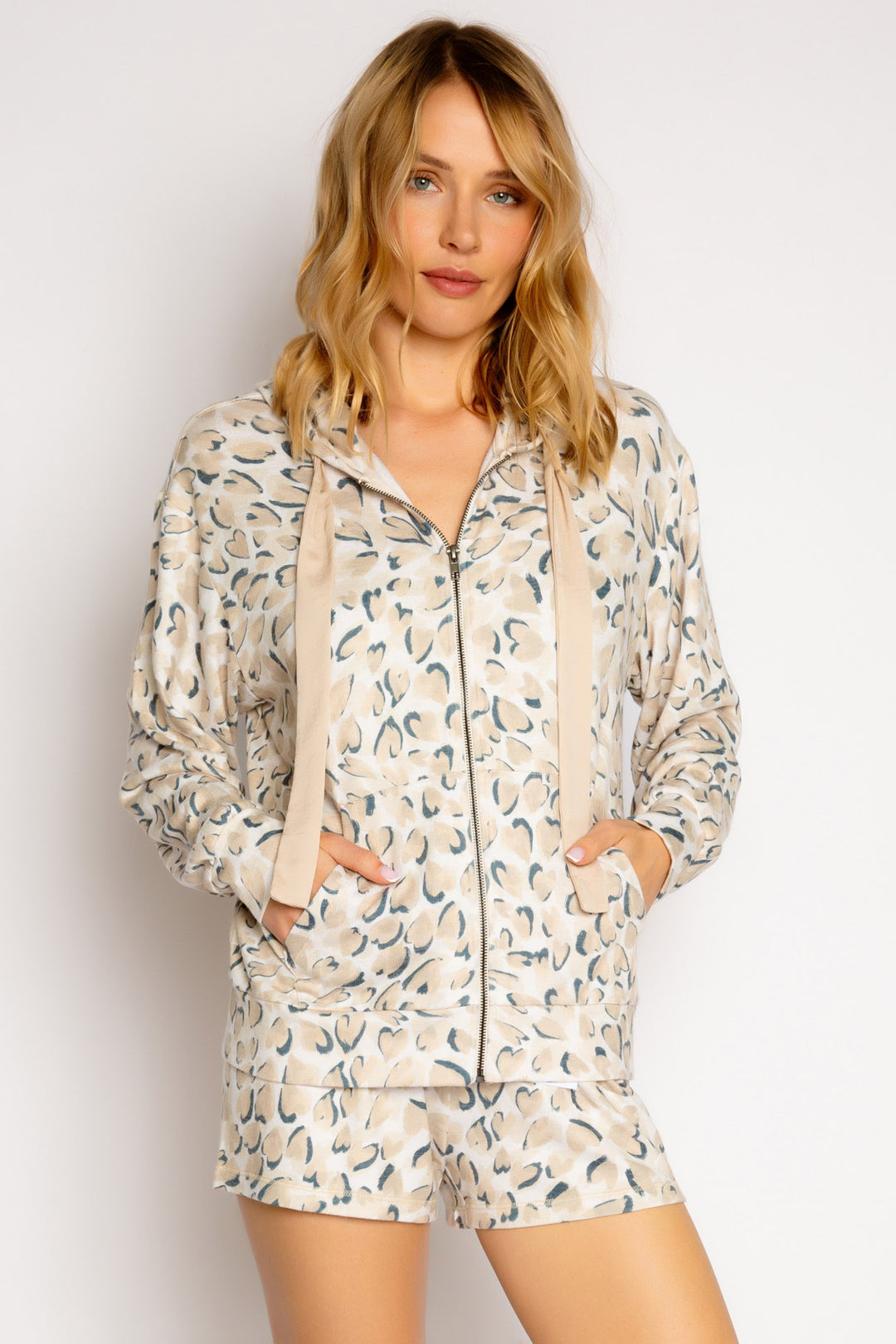 Tan-grey leopard printed zip-hoody with two lower pockets & satin ribbon drawcords. (7325668933732)