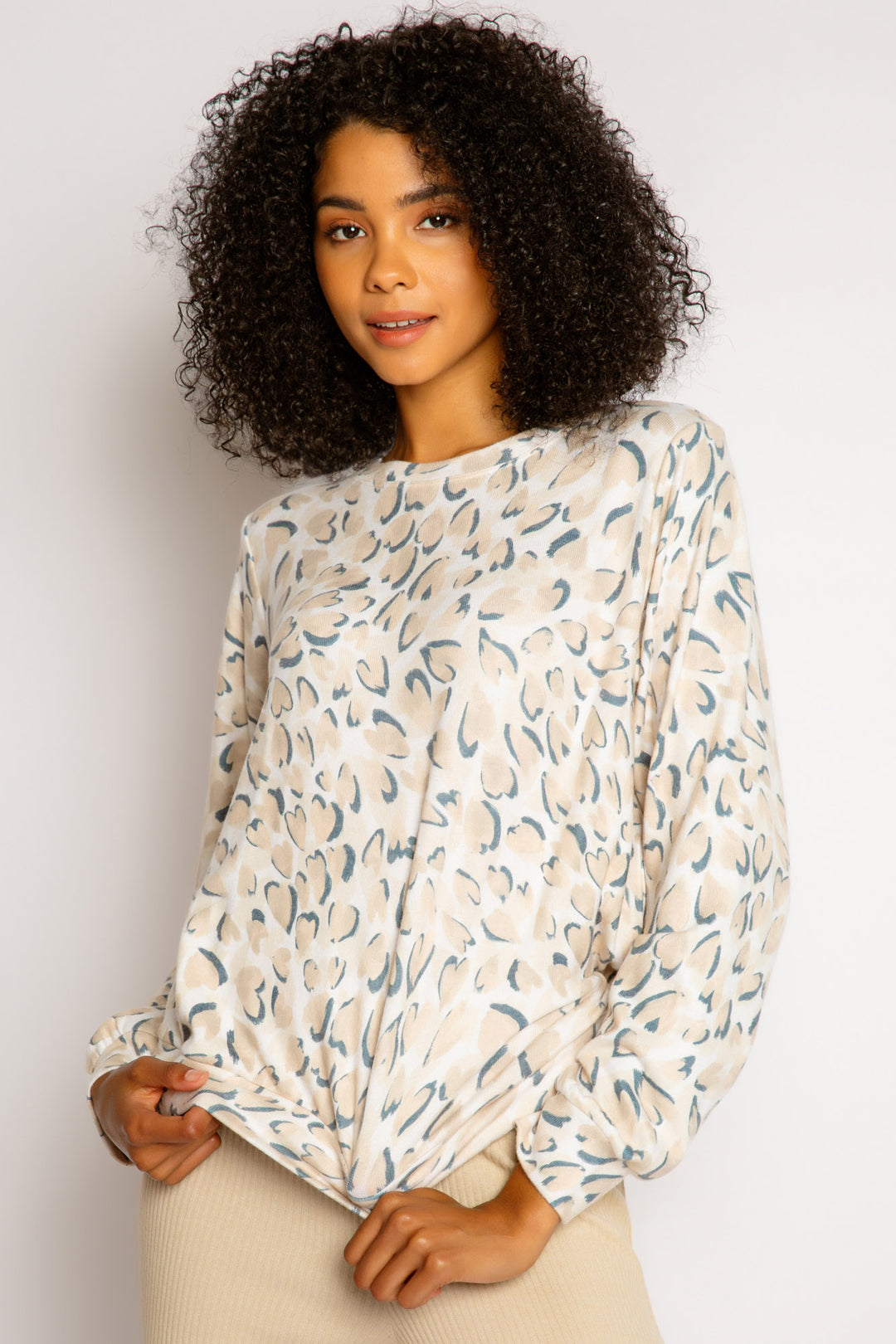 Tan-grey leopard printed lounge top with full sleeves & relaxed fit. (7325668966500)