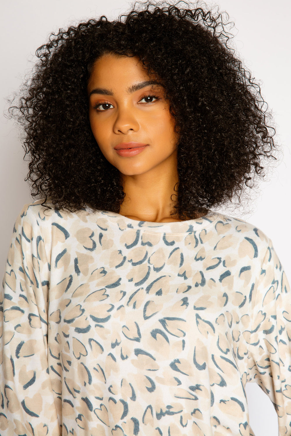 Tan-grey leopard printed lounge top with full sleeves & relaxed fit. (7325668966500)