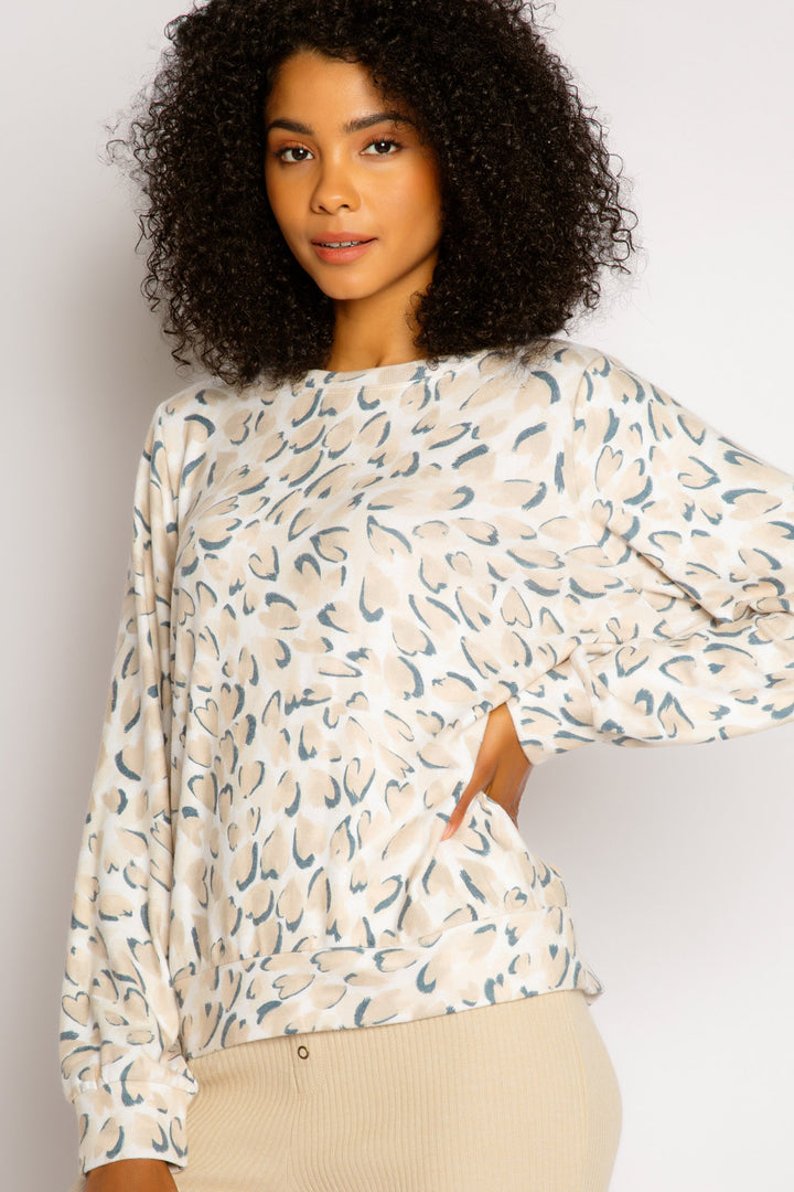 Tan-grey leopard printed lounge top with full sleeves & relaxed fit. (7325668966500)