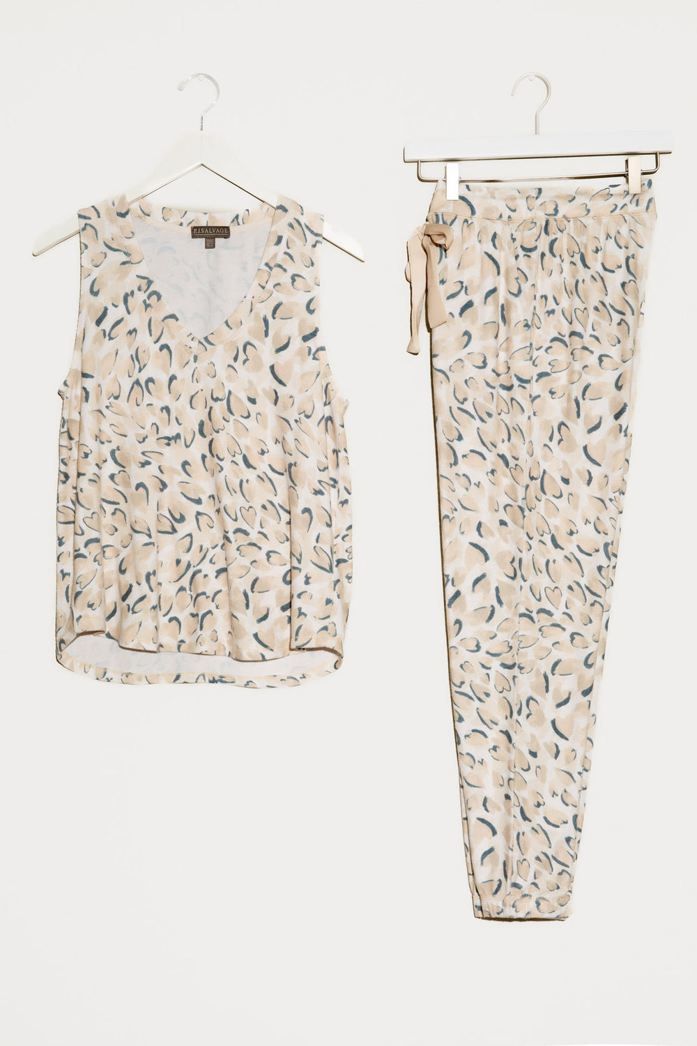 Tan-grey leopard printed lounge set. Sleeveless V-neck top & banded jogger pant with pockets. (7325669064804)