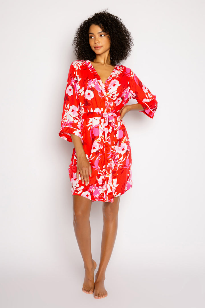 Robe in red-pink floral-printed woven sateen. Self tie belt & 3/4 kimono sleeve. (7325669490788)