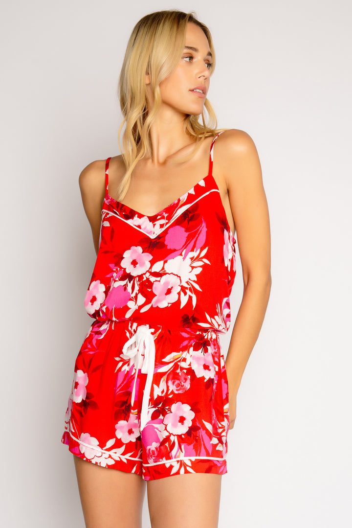 Sleep short in red-pink floral-printed woven sateen. Ivory ribbon tie waist & piping. (7325669621860)