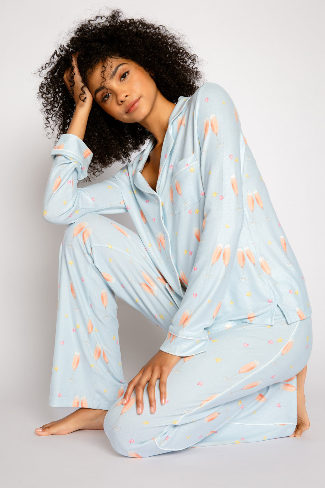 Pale blue pajama set with sleep mask, in rose' wine printed butter jersey. Classic button-top & pj pant. (7325669818468)