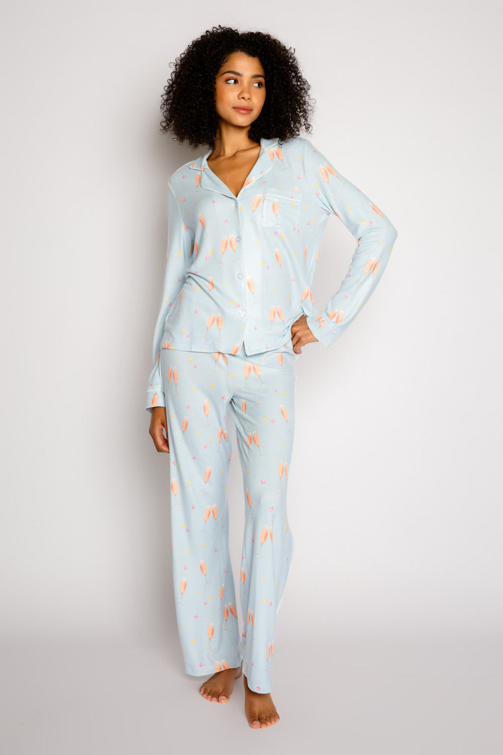 Pale blue pajama set with sleep mask, in rose' wine printed butter jersey. Classic button-top & pj pant. (7325669818468)