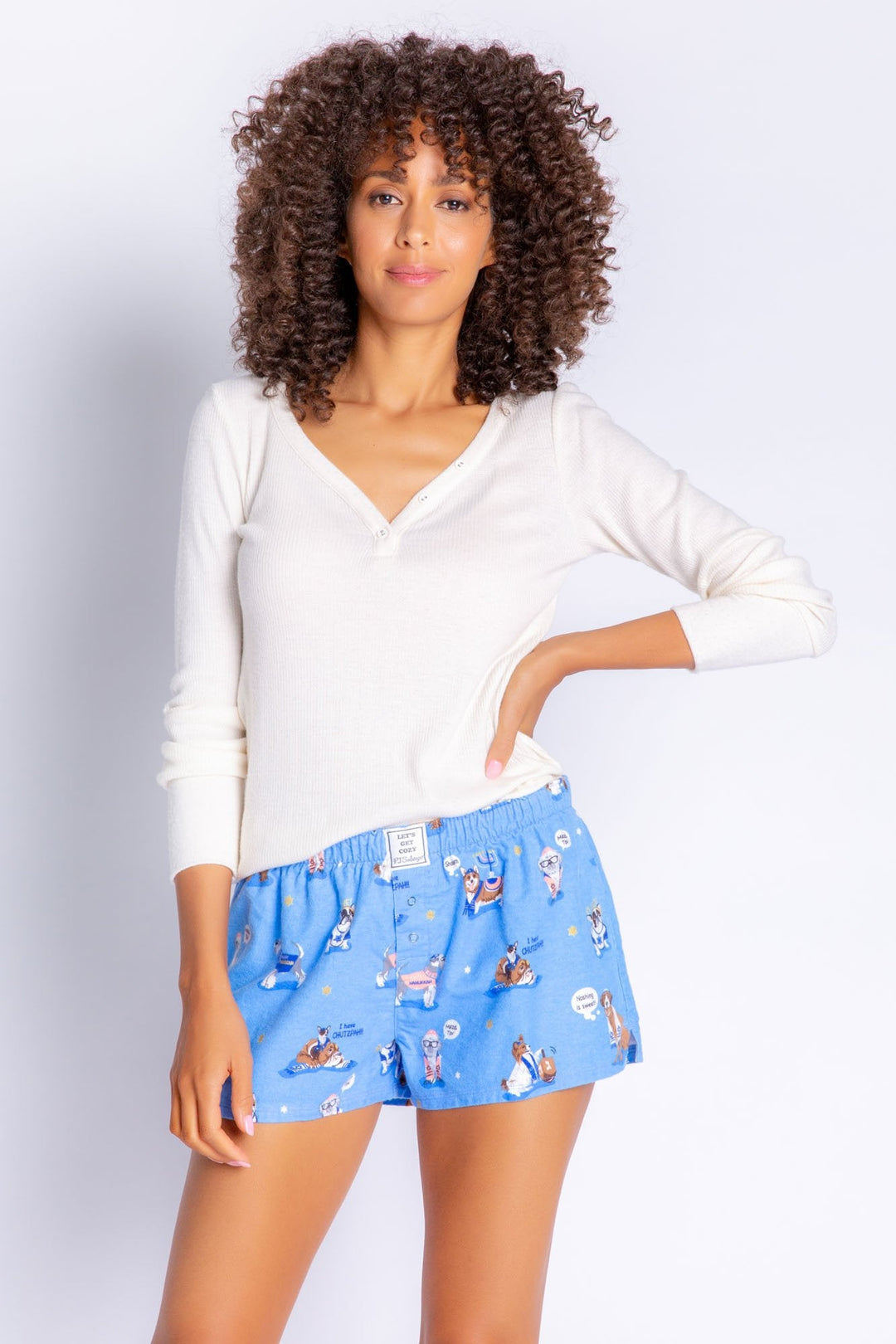 Light blue straight leg flannel shorts in Hanukkah themed dog print. Elastic waist and faux snap fly. (6576915513444) (7000958009444)