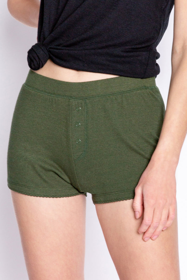 Olive boy-sleep short in soft REPREVE® recycled knit (made from recycled bottles), Back seams & front faux snap front. (6685113712740)