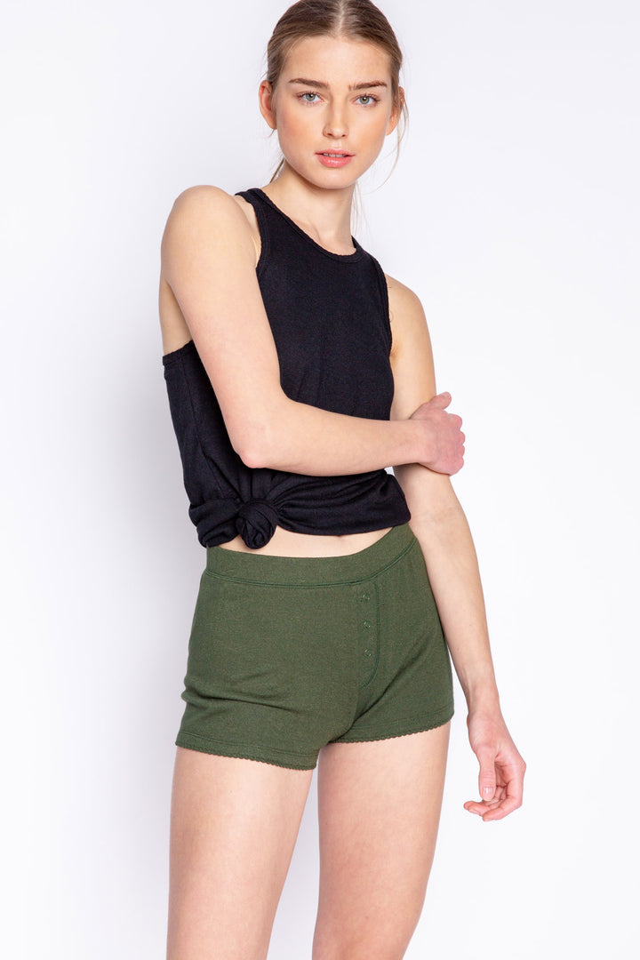 Olive boy-sleep short in soft REPREVE® recycled knit (made from recycled bottles), Back seams & front faux snap front. (6685113712740)