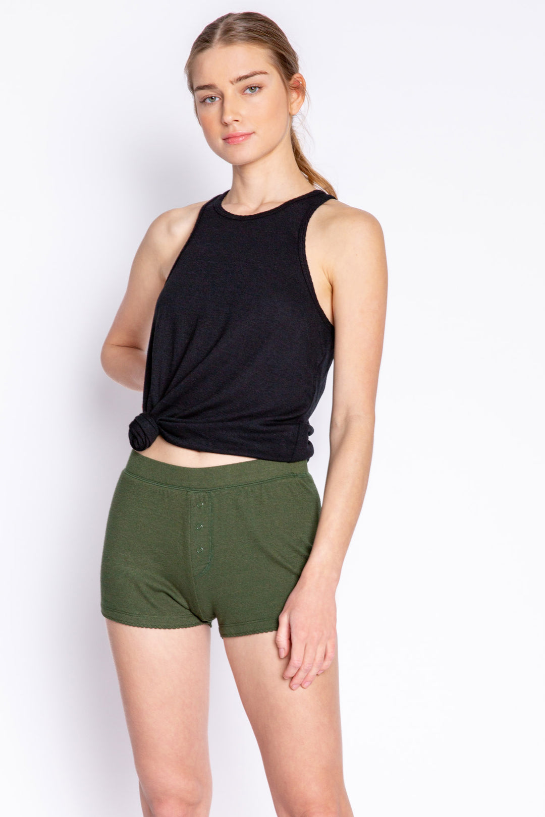 Olive boy-sleep short in soft REPREVE® recycled knit (made from recycled bottles), Back seams & front faux snap front. (6685113712740)