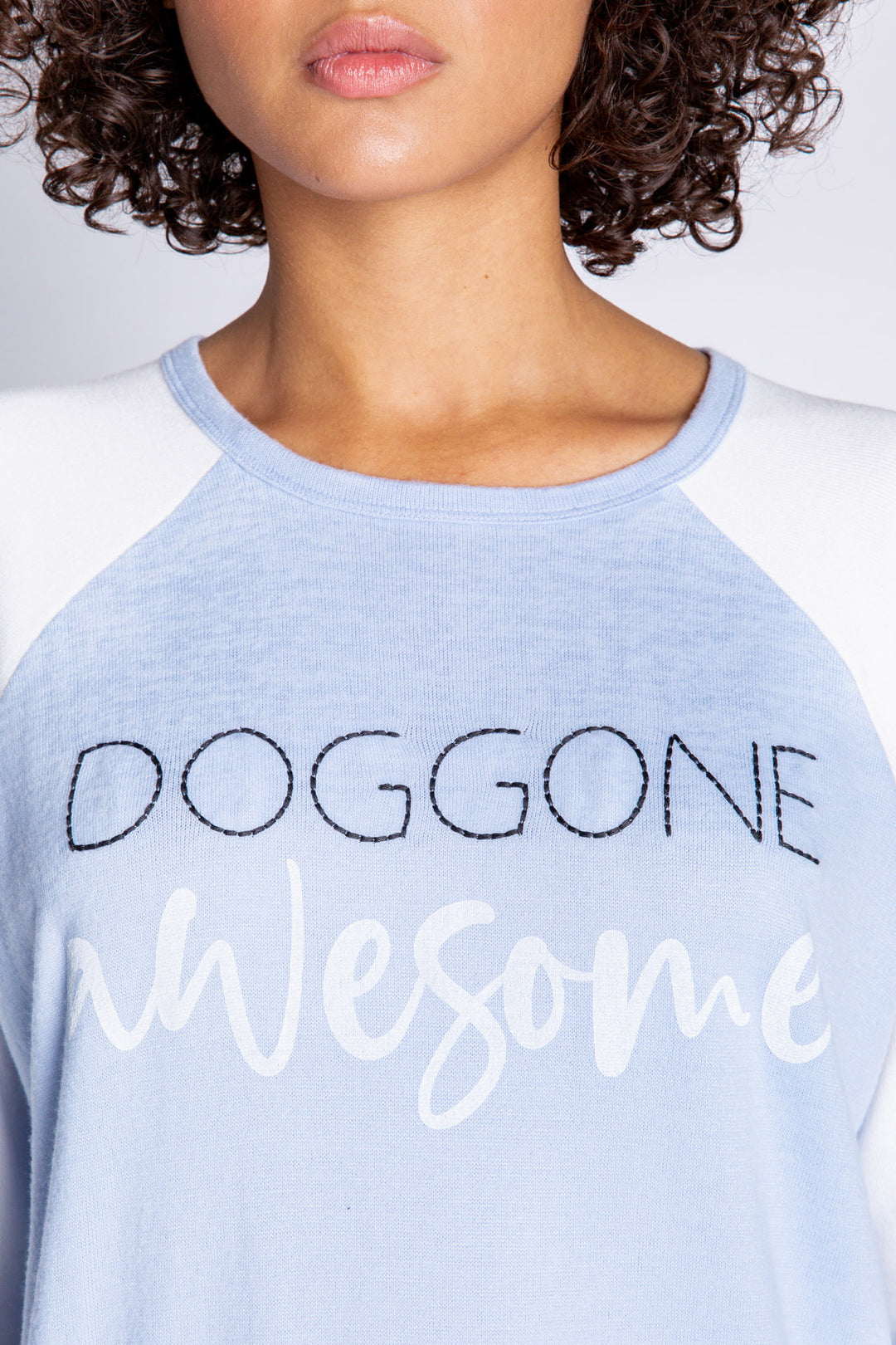 Color-block blue-ivory dog-lover's top embroidered with "Doggone Awesome" on chest. (6589214392420)