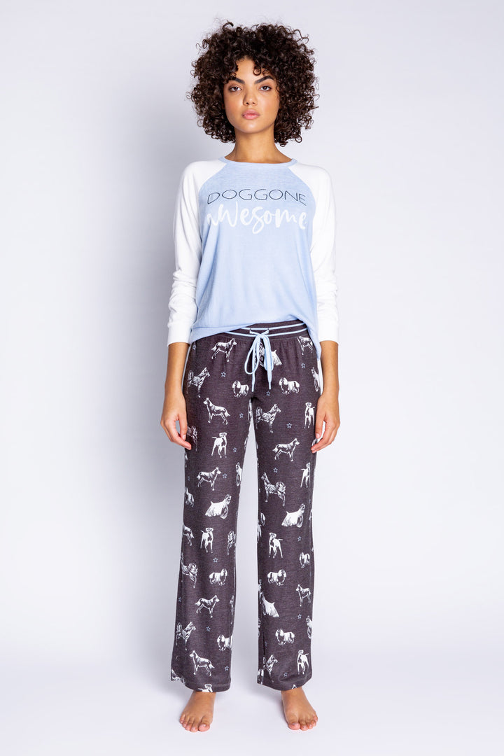 Color-block blue-ivory dog-lover's top embroidered with "Doggone Awesome" on chest. (6589214392420)