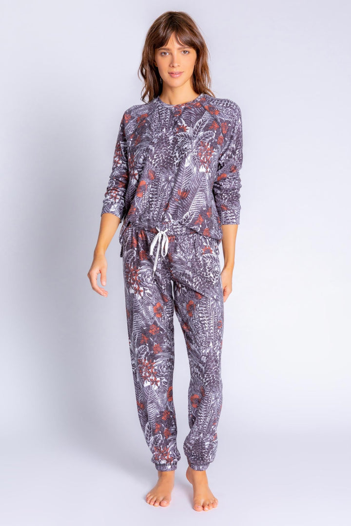 Peachy lounge top in exotic floral-feather print. Relaxed fit pullover with banded cuffs. (6839647567972)