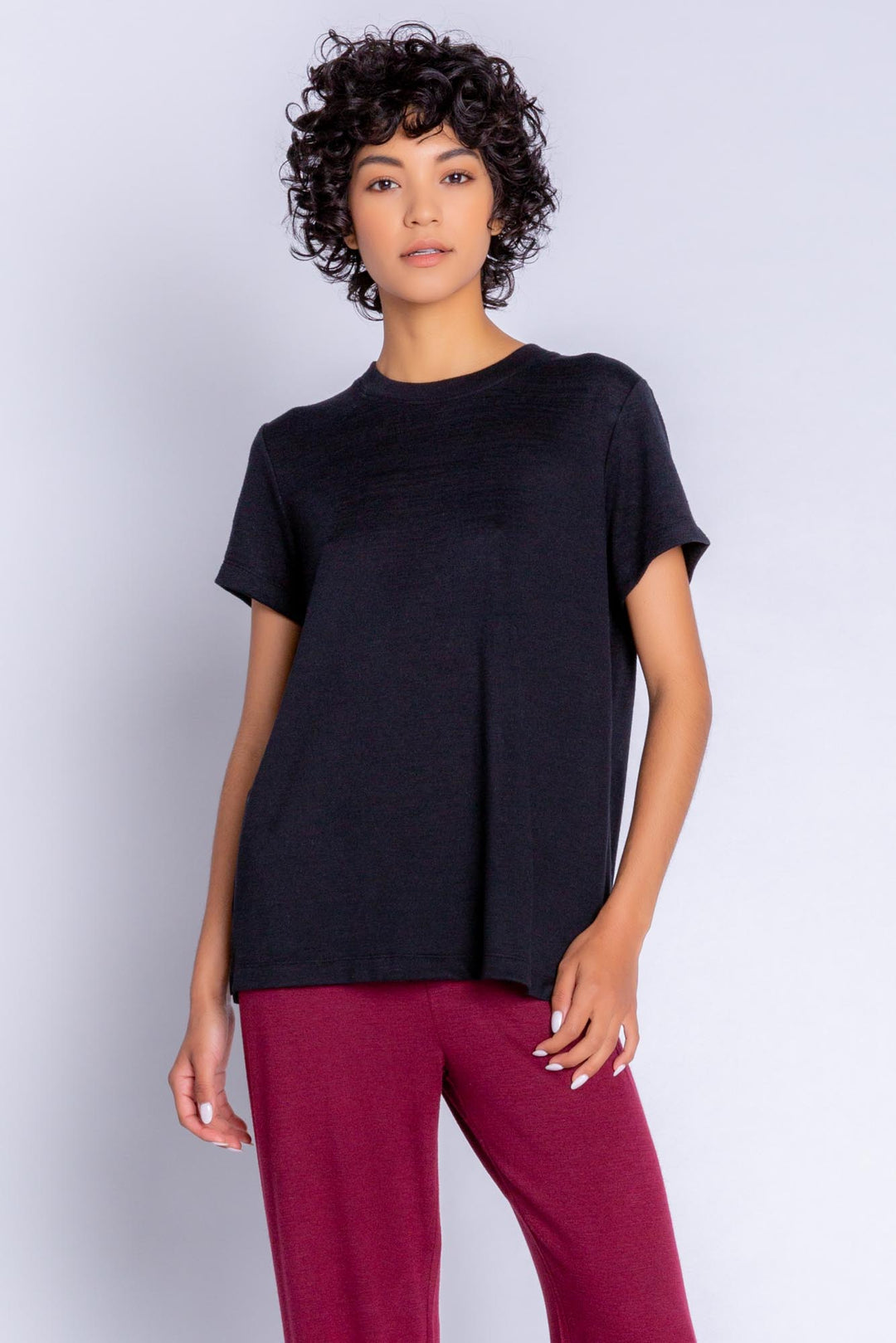 Soft Repreve® recycled knit short-sleeve tee in black. (6612550549604)