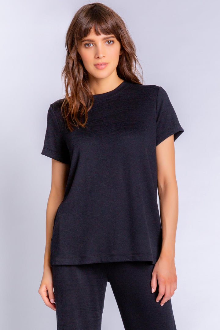 Soft Repreve® recycled knit short-sleeve tee in black. (6612550549604)