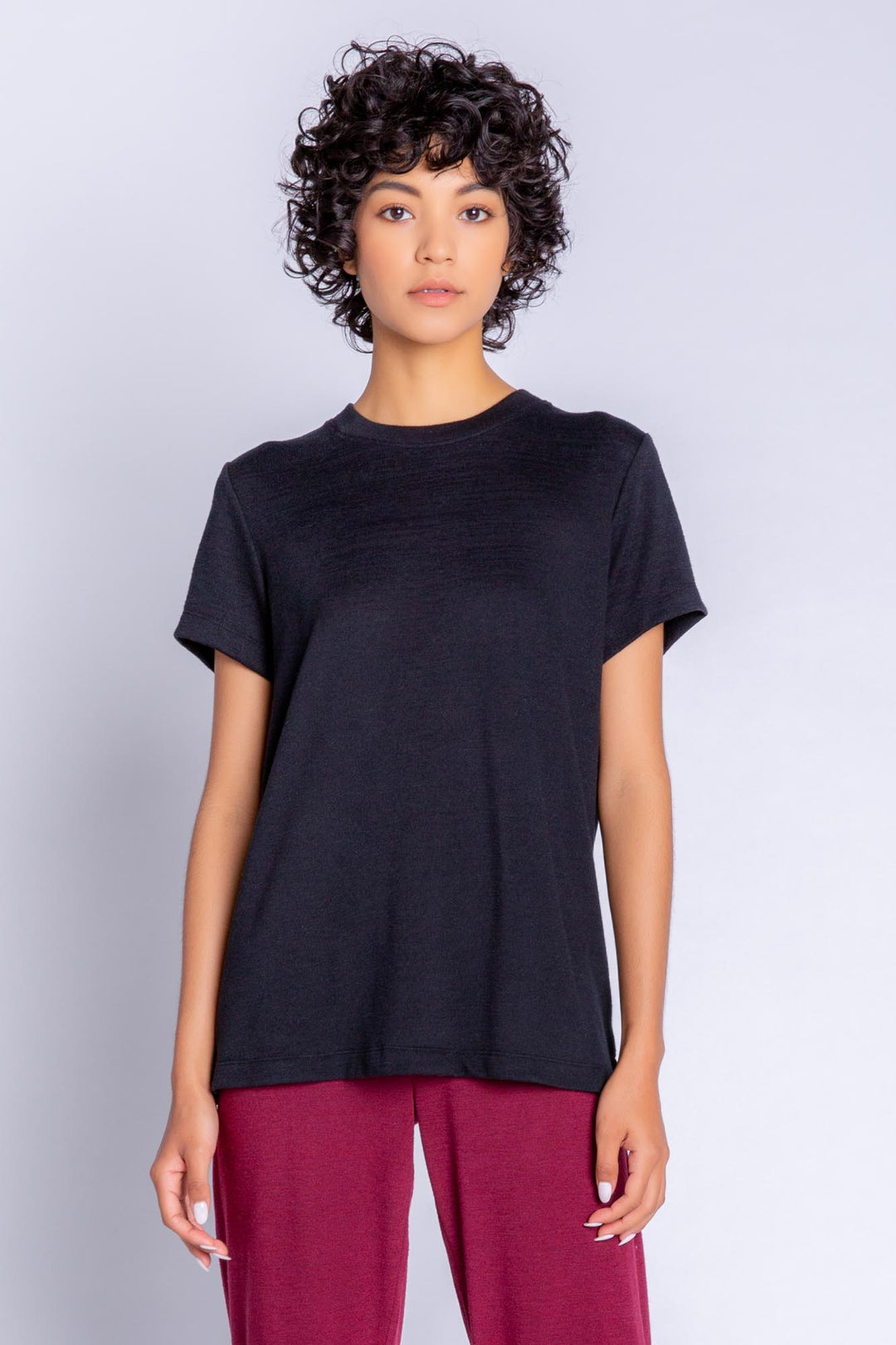 Soft Repreve® recycled knit short-sleeve tee in black. (6612550549604)